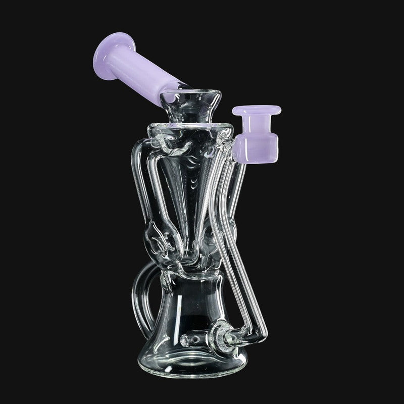 710 Pipes Smoke Shop Kadabra 6-inch glass doughnut recycler rig with clear and two-tone purple accents and 10mm joint.
