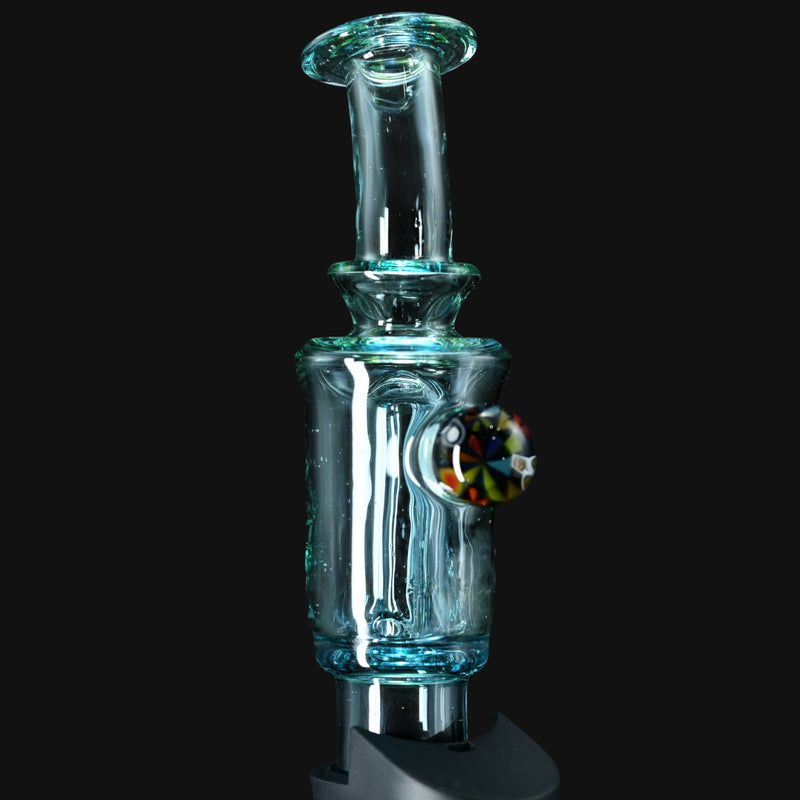 710 Pipes Smoke Shop Kadabra Ghost2 bubbler in clear UV glass with a colorful millefiori accent.