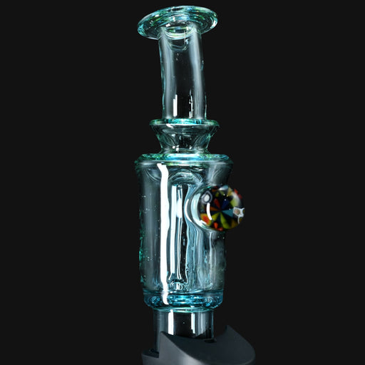 710 Pipes Smoke Shop Kadabra Ghost2 bubbler in clear UV glass with a colorful millefiori accent.