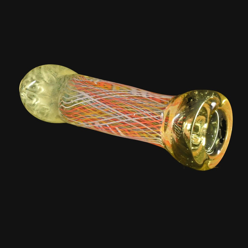710 Pipes Smoke Shop Kadabra glass bubble bhomber pipe with yellow CFL serum, millefiori chips, and orange, yellow, white stringer accents.