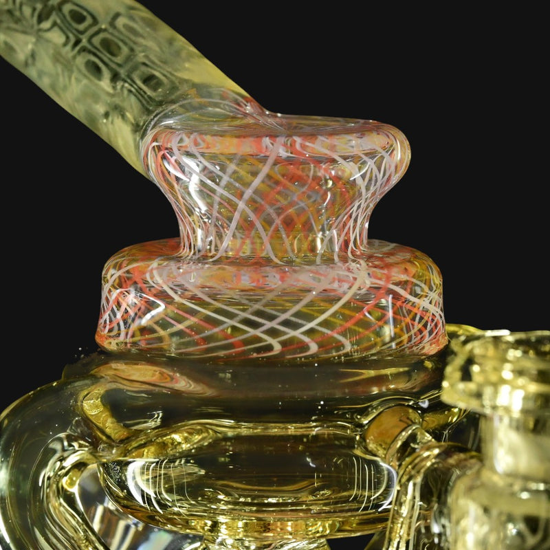710 Pipes Smoke Shop Kadabra glass bubble bhomber set with millefiori chips and faceted joint. Yellow, orange, and white swirl design.