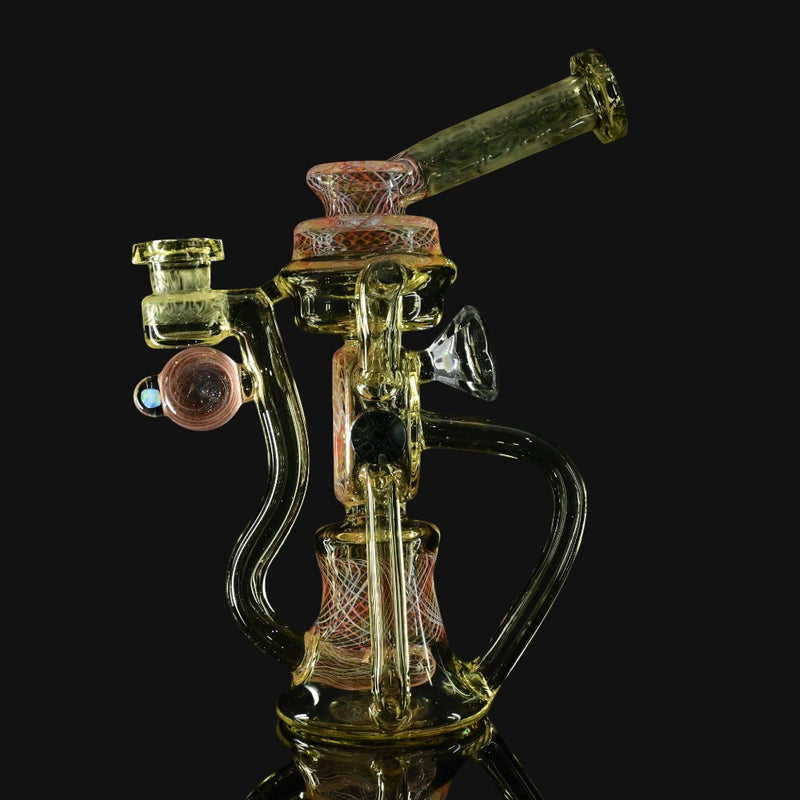 710 Pipes Smoke Shop Kadabra Fully Worked Bubble Bhomber glass rig with millefiori chips, faceted joints, and opal marble.