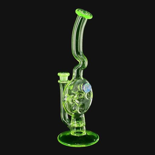 Kadabra Ion Swiss Rig in neon green glass with a bent neck and opal accent from 710 Pipes Smoke Shop