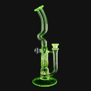 710 Pipes Smoke Shop Kadabra Ion Swiss glass rig in neon green with a unique wavy neck and intricate percolator design.