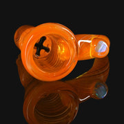 710 Pipes Smoke Shop Kadabra fully worked orange glass slide with white opal horn accent and built-in screen.