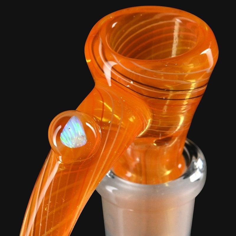 710 Pipes Smoke Shop Kadabra orange glass slide with white opal horn accent and intricate worked glass design.