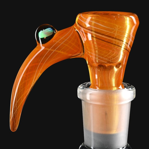 710 Pipes Smoke Shop Kadabra orange glass slide with white opal horn accent and intricate worked glass detailing.