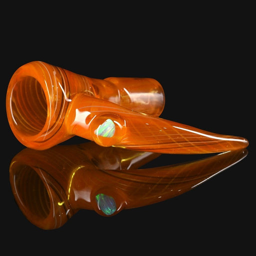 710 Pipes Smoke Shop Kadabra orange glass slide with white opal horn accent and intricate worked details.