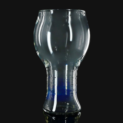 710 Pipes Smoke Shop Kadabra pint glass with a clear bulbous top and blue base on a black background.