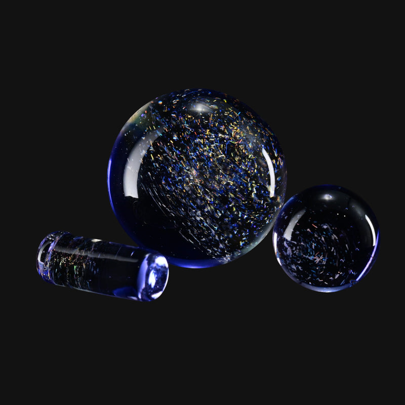 710 Pipes Smoke Shop Kadabra Slurper Set #5 featuring a blue glass marble, sphere, and pillar with iridescent flakes.