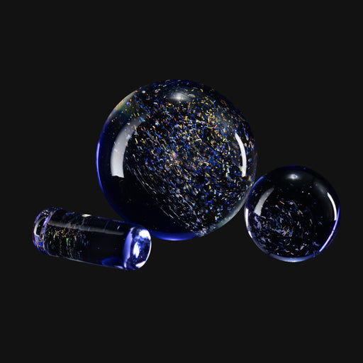 710 Pipes Smoke Shop Kadabra Slurper Set #5 featuring a blue glass marble, sphere, and pillar with iridescent flakes.