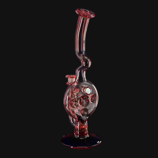 710 Pipes Smoke Shop Kadabra Swiss rig in Neo Phoenix Purple Rain glass with a unique bent neck and circular percolator design.