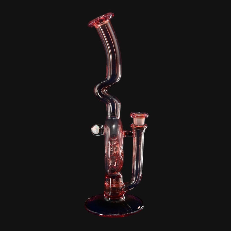 710 Pipes Smoke Shop Kadabra Swiss rig in Neo Phoenix Purple Rain glass with a unique zig-zag neck and opal accent.