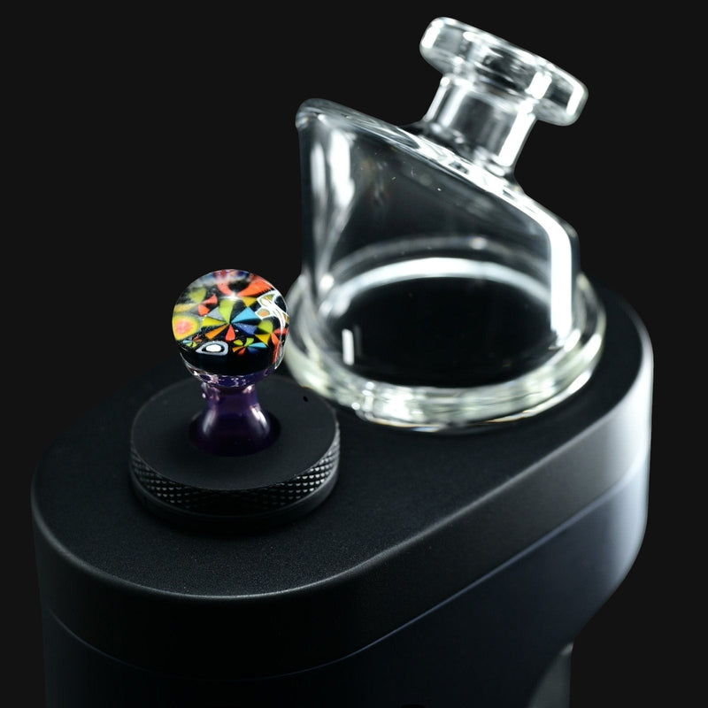 710 Pipes Smoke Shop full color Kadabra Dr. Dabber Switch2 Milli glass joystick carb cap with colorful patterned head and clear stem.