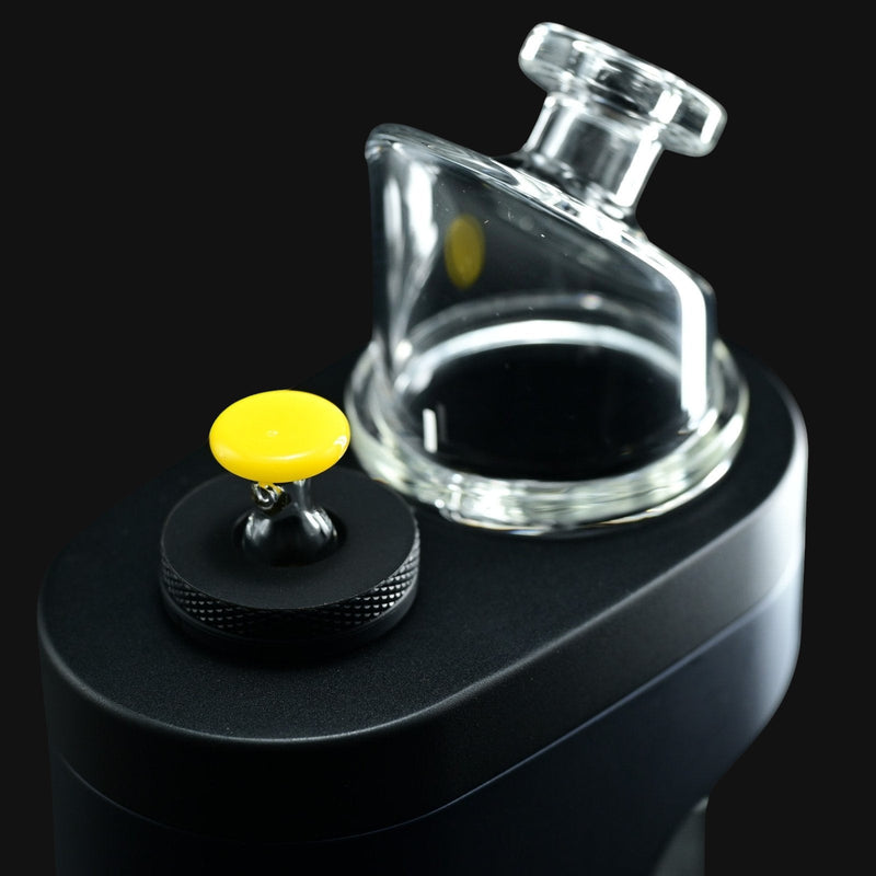 710 Pipes Smoke Shop Kadabra Switch2 clear glass joystick carb cap with a bright yellow top on a Dr. Dabber Switch 2