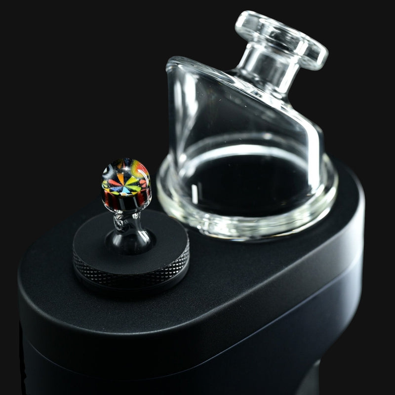 710 Pipes Smoke Shop Kadabra Dr. Dabber Switch2 Milli glass joystick carb cap with colorful patterned head and clear stem.
