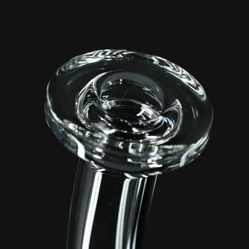 Clear glass mouthpiece of the Kadabra Hourglass Torus Incycler by 710 Pipes Smoke Shop.