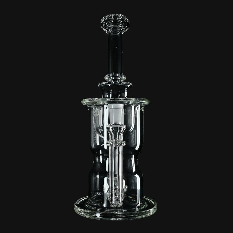 Clear glass Kadabra Hourglass Torus Incycler dab rig from 710 Pipes Smoke Shop with intricate recycler design.