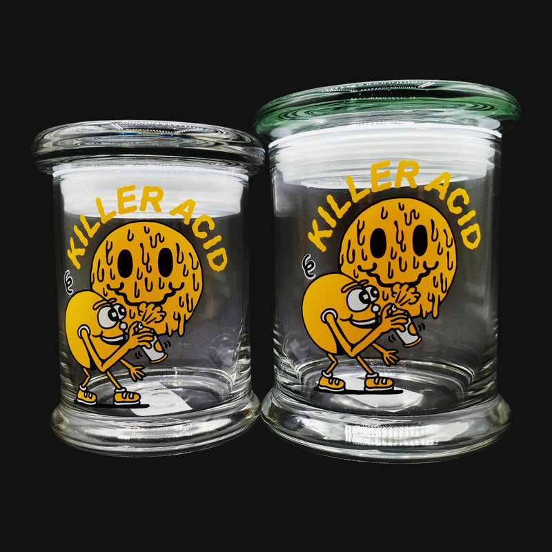 710 Pipes Smoke Shop Killer Acid Mile of Smiles glass stash jars with airtight pop top lids and yellow graphic art