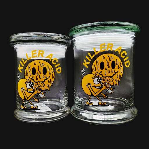 710 Pipes Smoke Shop Killer Acid Mile of Smiles glass stash jars with airtight pop top lids and yellow graphic art