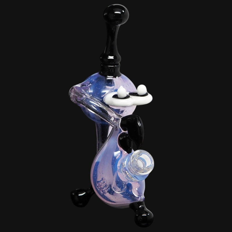 710 Pipes Smoke Shop Lee Machine Linework Yoshi Recycler Set, a unique glass water pipe with a purple and blue iridescent finish, black accents, and white eyes.