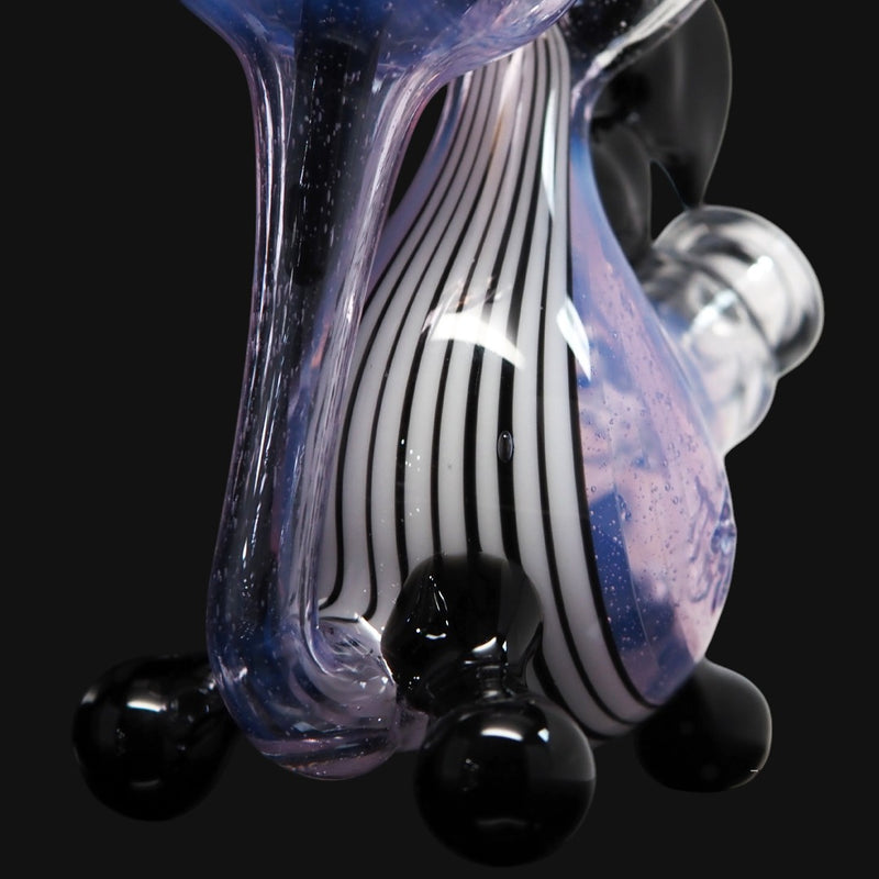 710 Pipes Smoke Shop Lee Machine Linework Yoshi Recycler glass rig with black and white stripes and purple accents.