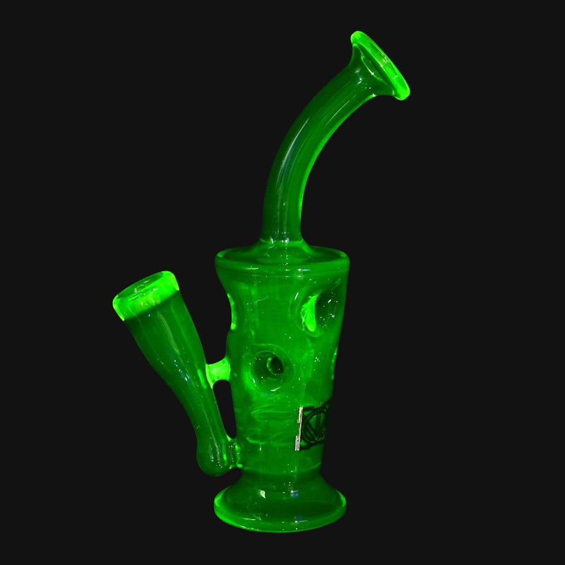 710 Pipes Smoke Shop LICIT Glass Savage Pico Rig, bright green UV reactive glass with 2 turbine percs, 5.25" tall, 10mm joint.