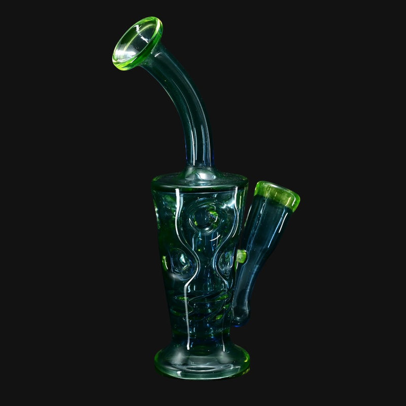 710 Pipes Smoke Shop LICIT Glass Savage Pico Rig, a small green glass water pipe with two turbine percs and a 10mm joint.