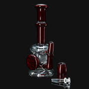 710 Pipes Smoke Shop Local Water Pipe 100, clear glass bong with dark red accents and a circular disc.