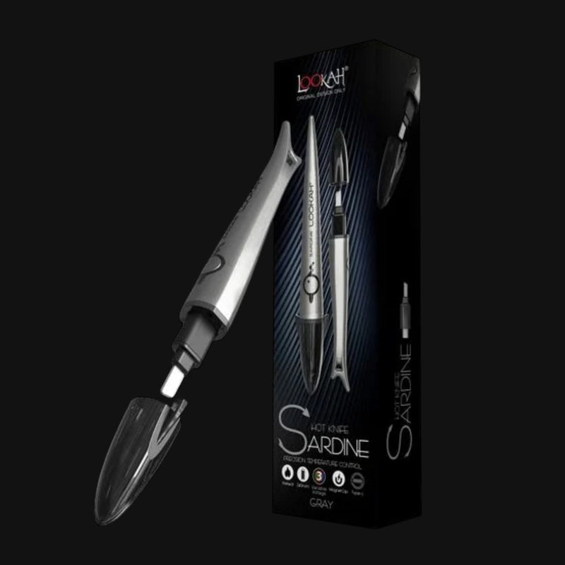 710 Pipes Smoke Shop Lookah Sardine heated dab tool in gray with ceramic tip, protective cap, and product packaging.