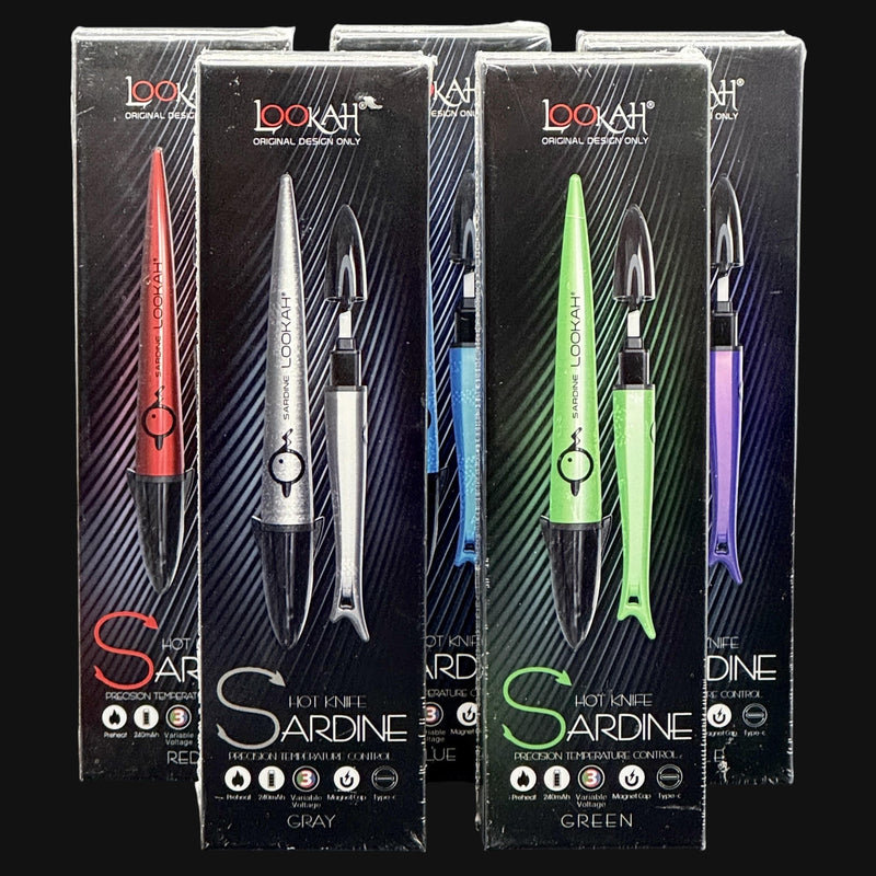 710 Pipes Smoke Shop Lookah Sardine hot knife dab tools in various colors with ceramic tips and packaging