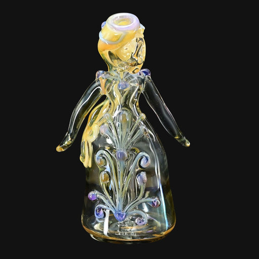 710 Pipes Smoke Shop Lyric Princess Rig in clear glass with purple and yellow accents, featuring intricate detailing.
