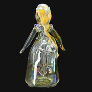710 Pipes Smoke Shop Lyric Princess Rig in clear glass with yellow accents and purple details. Features a unique dress shape and flowing hair.