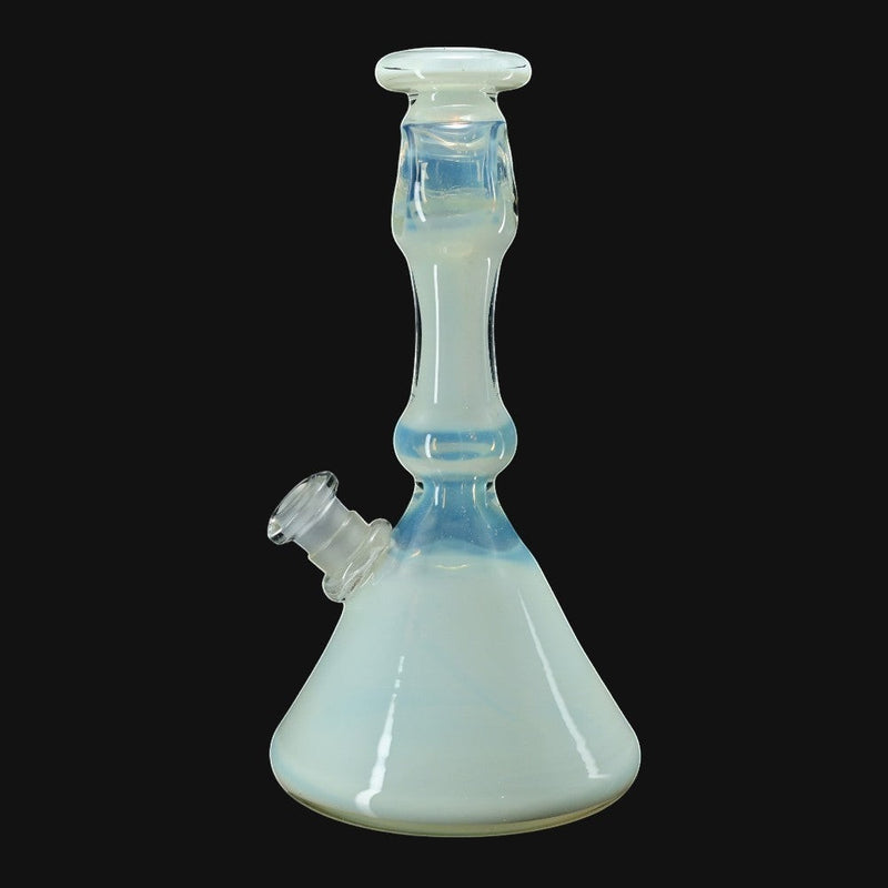 710 Pipes Smoke Shop Mad Machete Matt Full Color Jammer, a white glass water pipe with blue accents and a clear joint.