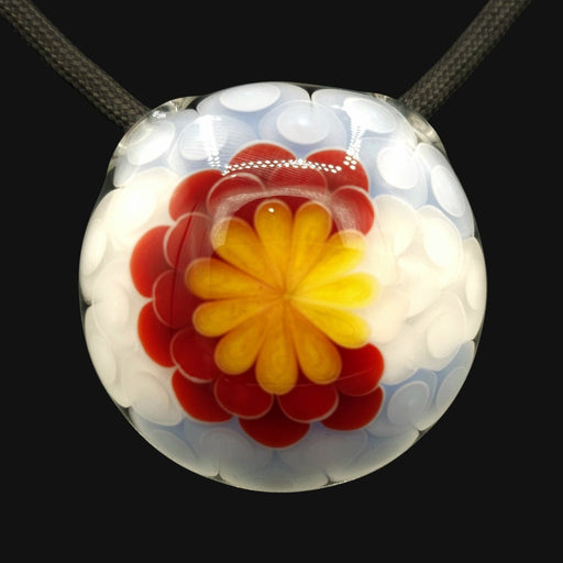 710 Pipes Smoke Shop Matsumura Co glass pendant featuring a red and yellow floral design with white dot accents.
