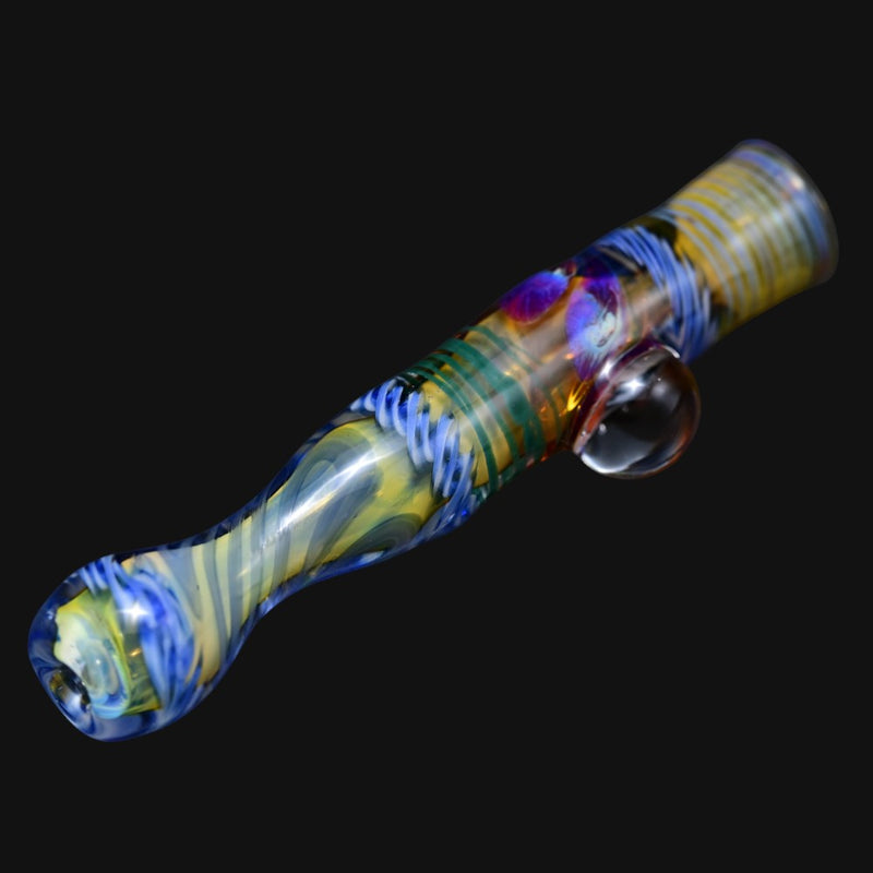 710 Pipes Smoke Shop Matty White Carnival glass one hitter pipe with blue and yellow swirl patterns and milli detail