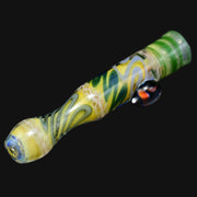 710 Pipes Smoke Shop Matty White Carnival glass one hitter pipe with yellow, green, and white swirl patterns