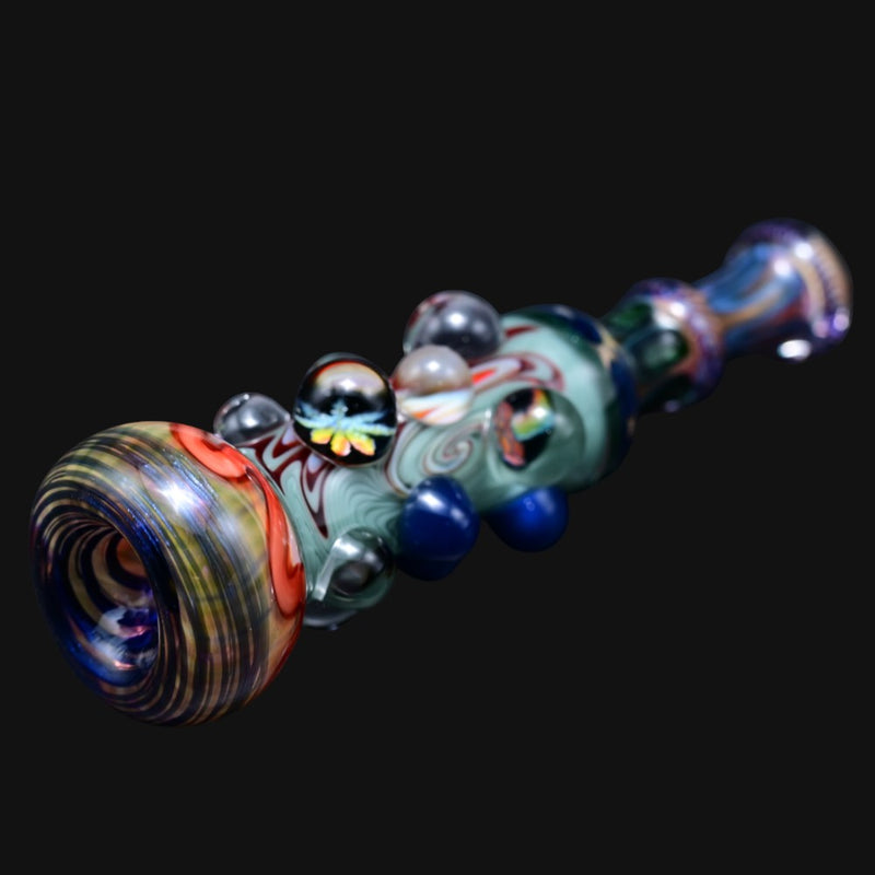 710 Pipes Smoke Shop Matty White Carnival glass one hitter pipe with colorful millefiori and marble accents