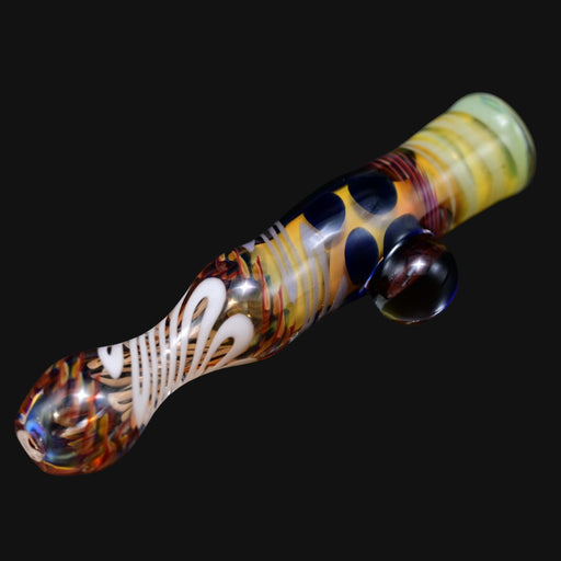 710 Pipes Smoke Shop Matty White Carnival Milli one hitter glass pipe with intricate colorful patterns and dots