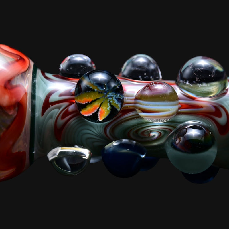 710 Pipes Smoke Shop Matty White Carnival glass one hitter pipe with colorful millefiori leaf and swirl accents