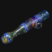 710 Pipes Smoke Shop Matty White Carnival Milli one hitter glass pipe with blue and yellow swirl patterns.