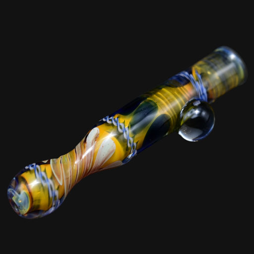 710 Pipes Smoke Shop Matty White Carnival glass one hitter pipe with yellow, blue, and white swirl patterns.