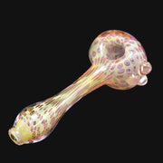 710 Pipes Smoke Shop Matty white glass spoon pipe featuring intricate pink dotted fume patterns and a carb hole.