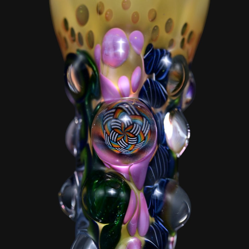 710 Pipes Smoke Shop Matty White glass one hitter featuring intricate mandala millefiori and bumpy textured accents.