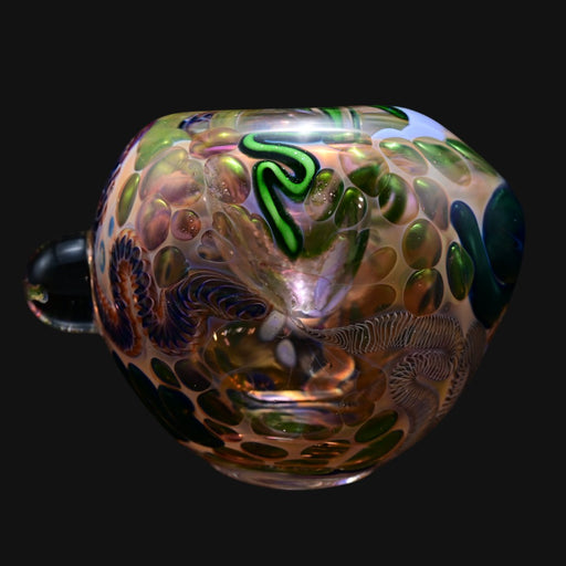 710 Pipes Smoke Shop Matty White ISO worm spoon glass pipe with intricate green and purple milli peace sign details