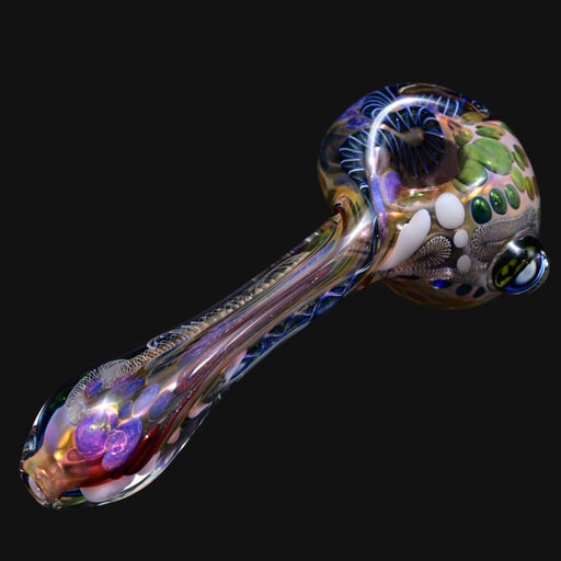 710 Pipes Smoke Shop Matty White ISO worm spoon glass pipe featuring intricate Batman-themed milli and colorful patterns