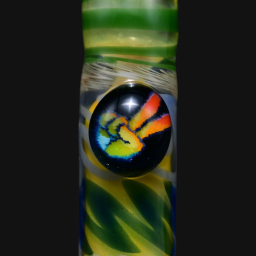710 Pipes Smoke Shop Matty White glass one hitter pipe featuring a colorful peace sign millefiori design