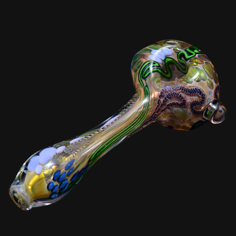 710 Pipes Smoke Shop Matty White ISO worm spoon glass pipe with intricate green and blue millefiori peace sign details