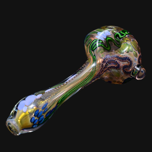 710 Pipes Smoke Shop Matty White ISO worm spoon glass pipe with intricate green and blue millefiori peace sign details