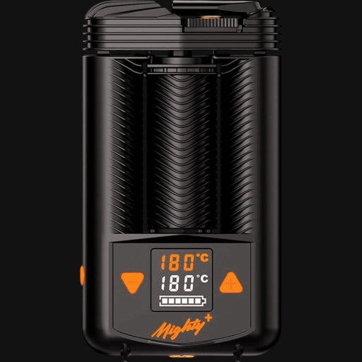 710 Pipes Smoke Shop MIGHTY+ dry herb vaporizer in black with orange digital temperature display and ribbed design.